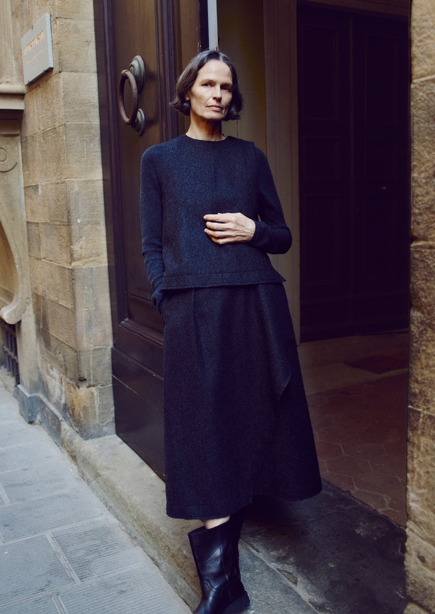 Boiled Wool Twill Button Back Top | Charcoal