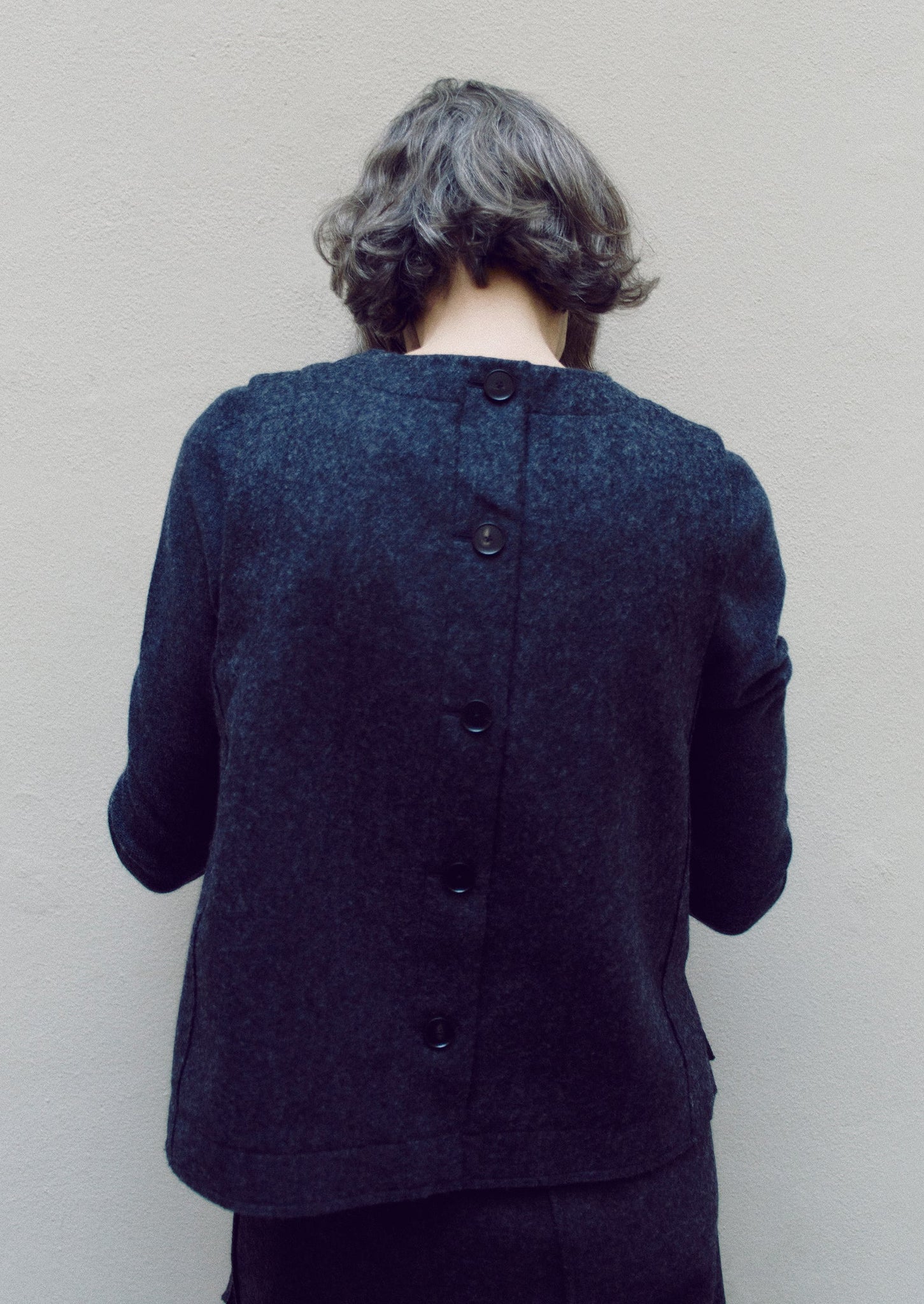 Boiled Wool Twill Button Back Top | Charcoal