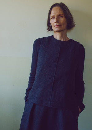 Boiled Wool Twill Button Back Top | Charcoal