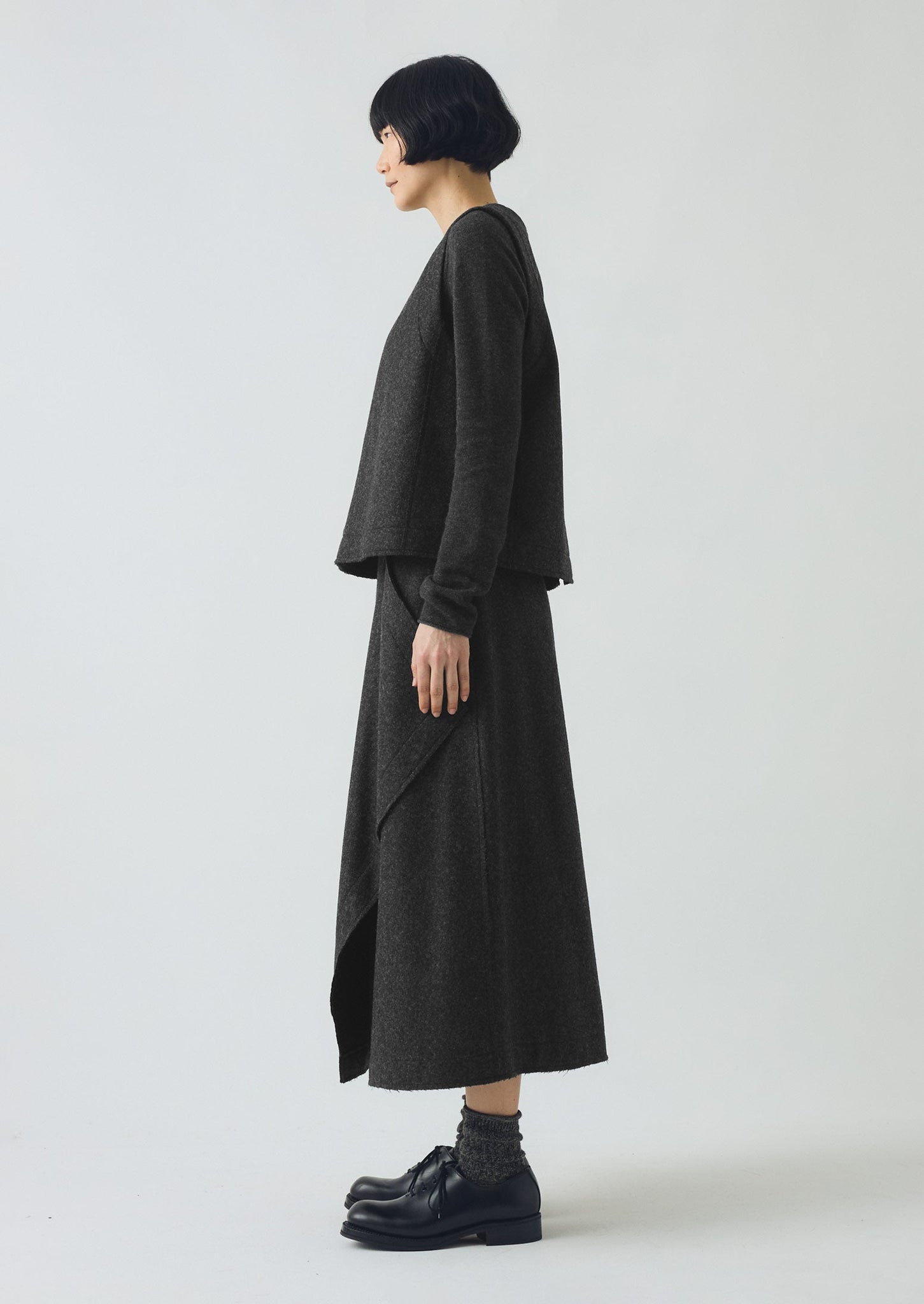 Boiled Wool Twill Button Back Top | Charcoal