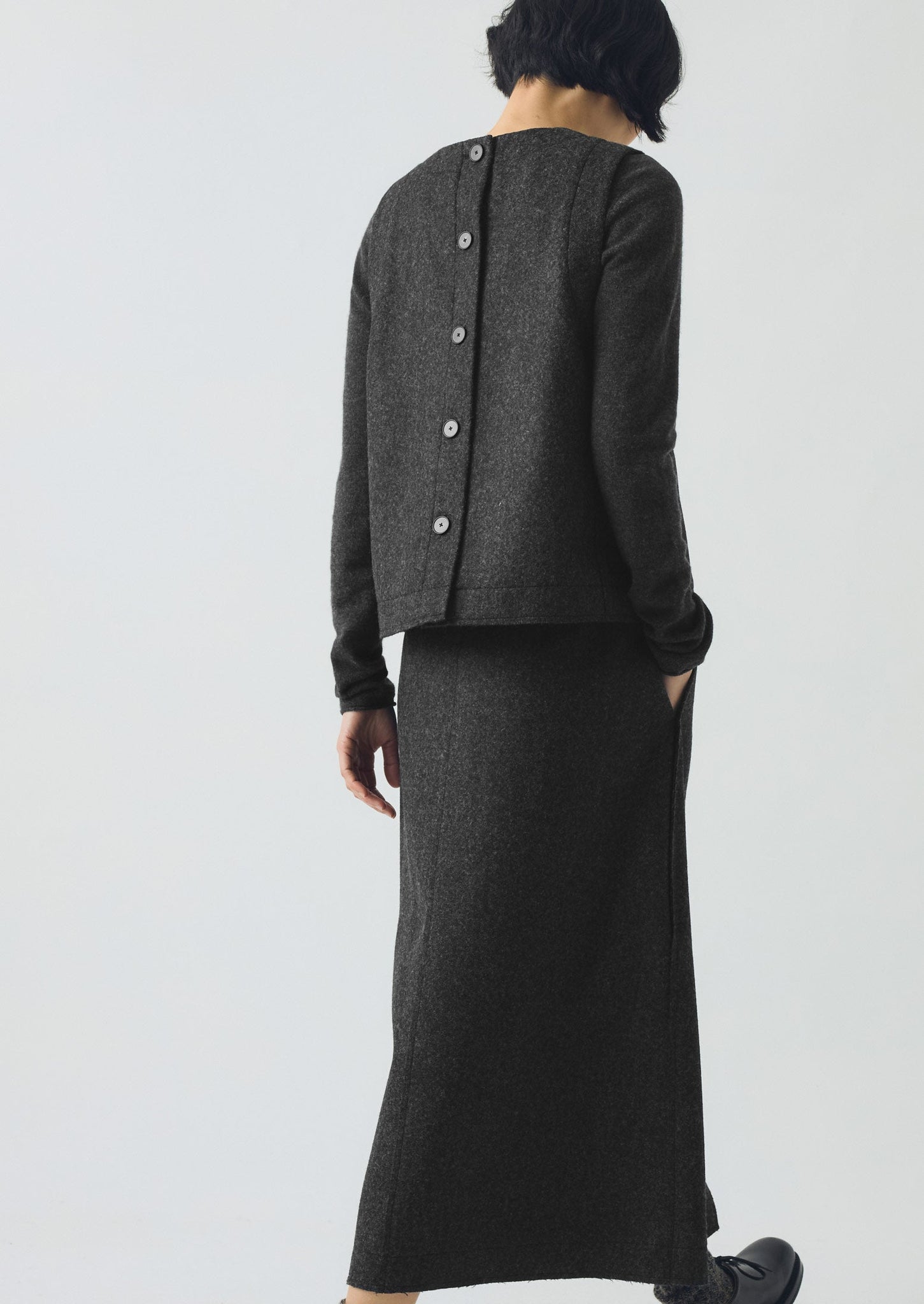 Boiled Wool Twill Button Back Top | Charcoal