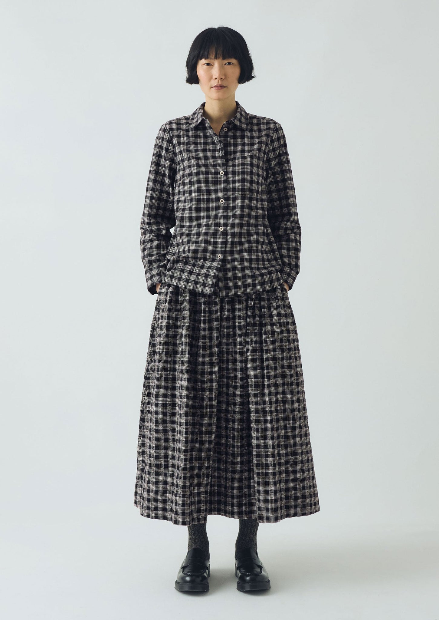Ollie Binding Check Cotton Wool Seersucker Shirt | Black/Ecru